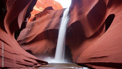 A waterfall cutting through a canyon of red sandst