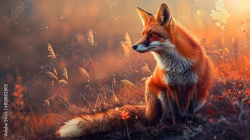 A fox photography capture in a meadow at the sunset