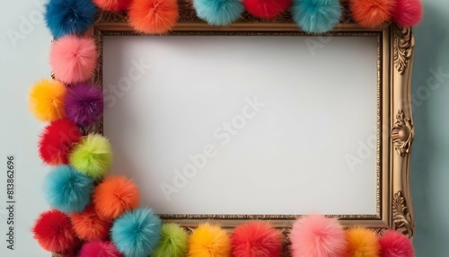 A whimsical frame adorned with colorful pom poms upscaled_6