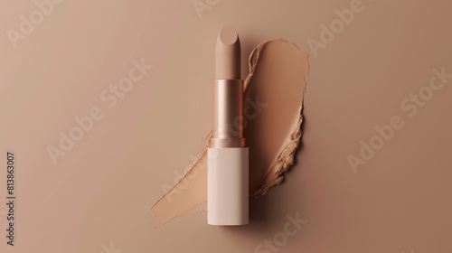 Nude lipstick with smudged texture on beige background