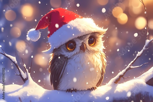 an owl wearing a Christmas hat at night