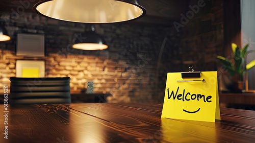 A minimalist workspace with a polished wooden table, where a vibrant yellow sticky note with "Welcome" and a smiley face greets visitors. Soft overhead lighting adds a serene ambiance to the scene.