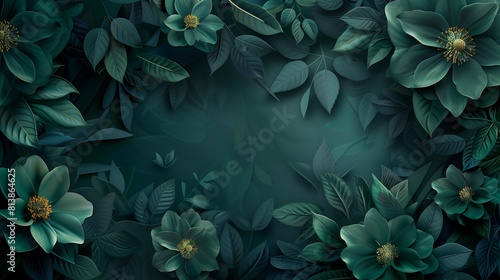 Dark background featuring vibrant green flowers and leaves creating a striking floral abstract composition