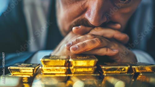 A businessman examining a row of gold bullion bars, contemplating investment strategies in a volatile economy.