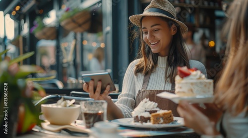 In a cafe, friends eat cake desserts on a terrace and close the bill using a contactless NFC function on mobile phones.