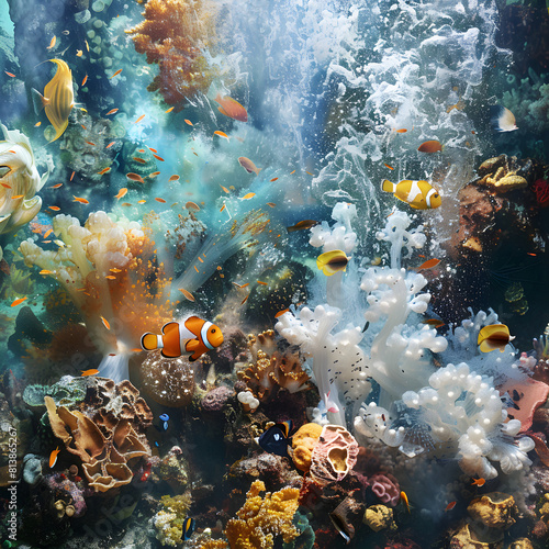 Coral bleaching by climate change. Dead and dying coral reef due to global warming and boiling