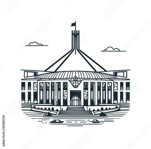 The canberra parliament building black white vector illustration. 