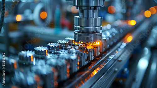 Close-up of precision machinery gears turning and cogs interlocking in a high-tech factory setting