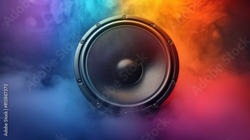 Speaker with vibrant sound responsive multicolored lights on it, set against a blue background