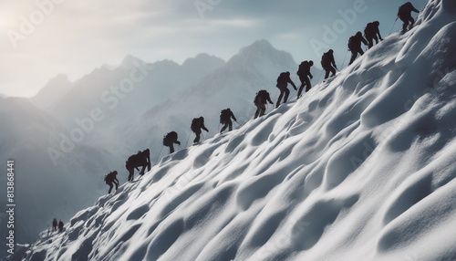 silhouette of people climbing in a row up a steep rocky snowy mountain 