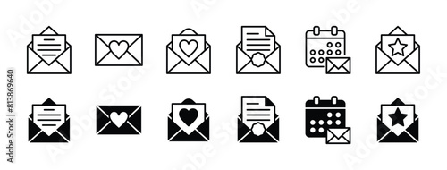 Invitation letter thin line icon set. Invite email for event, wedding, party, festival, celebration. Containing love letter, envelope, schedule, message, electronic mail. Vector illustration