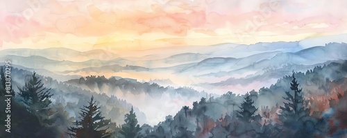 Illustrate a watercolor piece from a high vantage point as dawn breaks