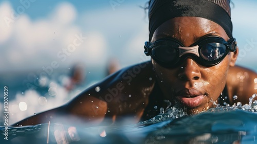 Black woman practicing triathlon sport, person is focused and enjoying the sport, sports photography, generative ai