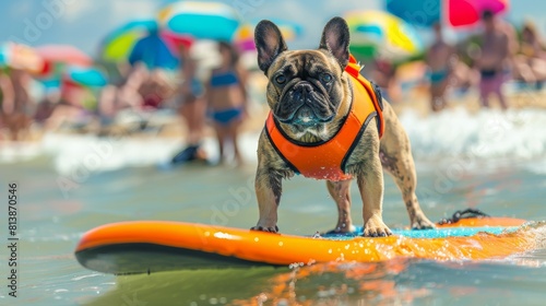 Adventurous french bulldog in orange life jacket conquering the waves