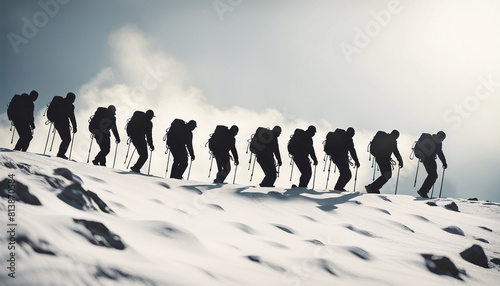 silhouette of people climbing in a row up a steep rocky snowy mountain 