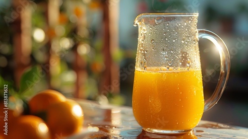 A glass pitcher filled with refreshing orange juice, condensation glistening in the sunlight, promising a revitalizing sip.