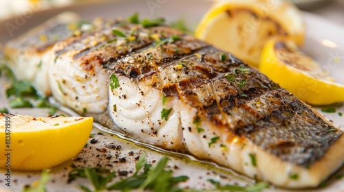 A grilled barramundi fillet served with lemon wedges and fresh herbs, a gourmet seafood dish bursting with flavor.