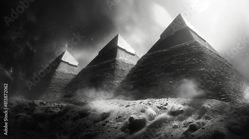 The image is a black and white photo of the Giza pyramids in Egypt.