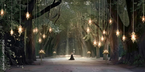 Mystical enchanting magical dreamlike ethereal nymph in long black dress holding glowing orb in hands in middle of long tree tunnel with hanging glowing lanterns