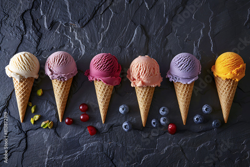 Various flavors of ice cream in cones on a dark stone background.