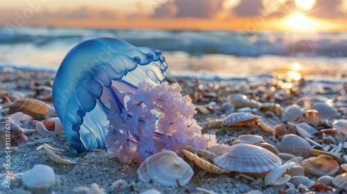 A lone blue Portuguese man o war jellyfish is sprawled on a shell strewn beach at Padre Island National Seashore situated along the picturesque Texas Gulf Coast