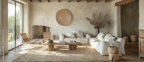 Design a modern living room interior with a neutral color palette and natural materials