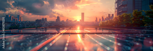 Urban sunset reflecting on solar panels with cityscape background. Renewable energy in the city: solar panels at sunset. Solar energy generation with city skyline at dusk.