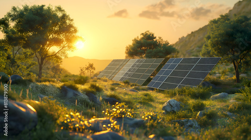 Rural solar panels during golden sunset in scenic nature. Sunset over solar panels in tranquil rural setting. Solar energy capture in countryside at sunset with golden light. Alternative energy source