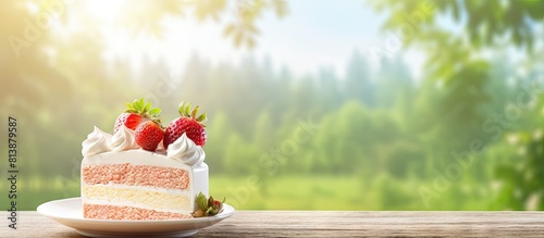 A strawberry cream cake sits on a white plate atop a wooden table while a lush green nature background with bokeh adds to its vibrant beauty Easily use the image s copy space for your own creative ne