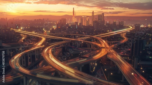 Aerial perspective of a highway interchange at dusk, the city skyline aglow in the background, a hub of activity and connectivity.