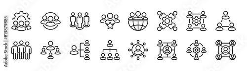 Organization thin line icon set. Containing people group, hierarchy, structure, company, leadership, teamwork, networking, business, team, collaboration, community, connection. Vector illustration