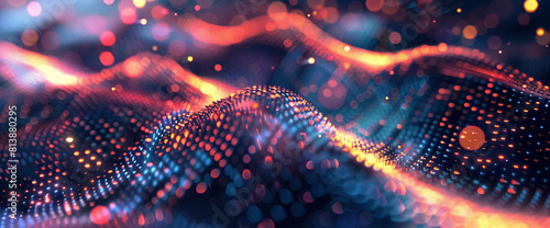 Abstract glowing futuristic background with blue and orange particles flowing in a wave pattern.