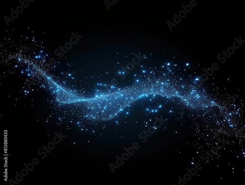 blue trail of light made of particles, isolated on black background 