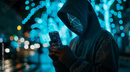 A faceless man in a dark hoodie uses a smartphone at night.