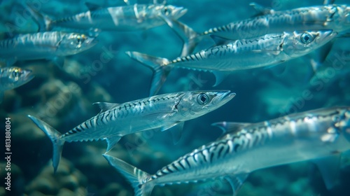 An underwater photograph of a school of barracuda swimming in formation, their streamlined bodies shimmering in the clear blue water.