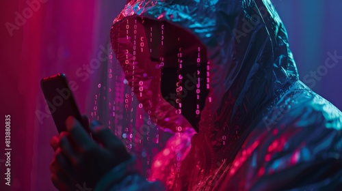 A hacker in a dark hoodie with a binary code projected on his face is holding a smartphone.