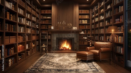 Cozy and Refined Home Library with Crackling Fireplace and Leather Bound Books