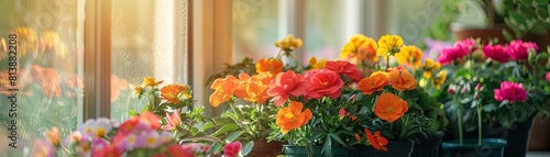The image shows a windowsill with a variety of colorful flowers in pots