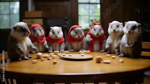 Seven curious prairie dogs wearing red hats sit around a table covered in nuts and cookies.