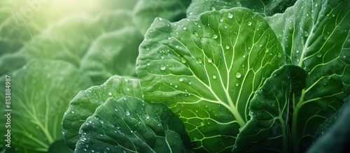 Fresh cabbage leaves in an orchard covered in water drops create a beautiful vegetarian backdrop with ample space for copy or lettering