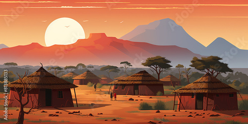 Thatched roof huts in the middle of the desert with a beautiful sunset in the background