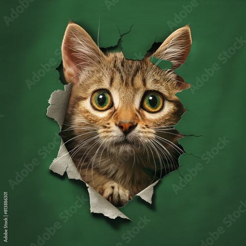 design, fundo verde com gato saindo de um buraco de papel na parede, lindos olhos grandes, rosto de gato malhado marrom enfiando a cabeça através de buracos rasgados 
