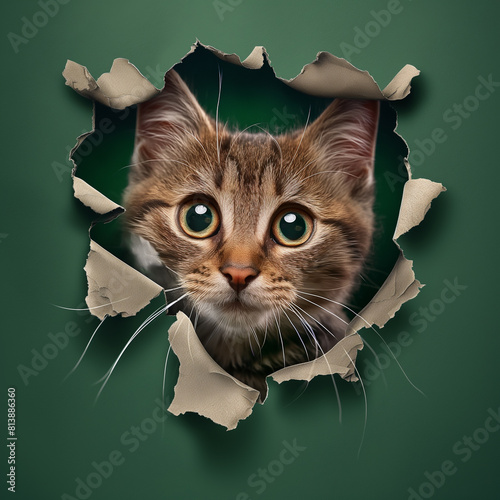 design, fundo verde com gato saindo de um buraco de papel na parede, lindos olhos grandes, rosto de gato malhado marrom enfiando a cabeça através de buracos rasgados 