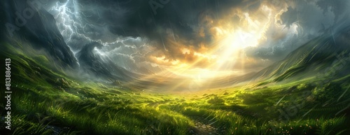 Fantasy Landscape of a Lush Green Valley Under a Dramatic Thunderstorm