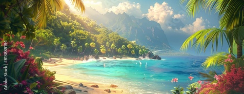 Tropical Cove with Majestic Mountains and Flourishing Flora