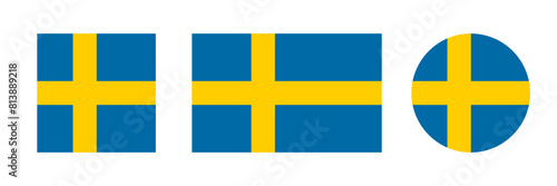 Sweden flag vector icon set. Swedish flag vector sign in round and square. Flag of Sweden icon in circle