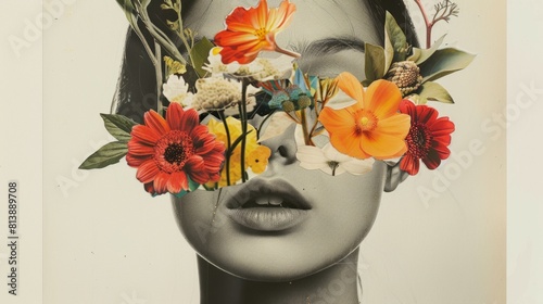 portrait of young woman with flowers on face hides her eyes, abstract contemporary art collage 