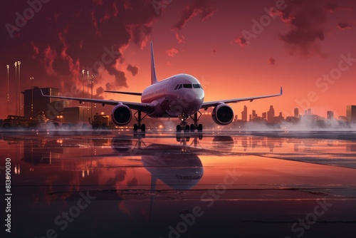 Commercial jet aircraft poised for departure against a vibrant sunset sky at an urban airport