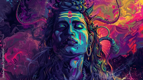 Depiction of Shiva with his traditional attributes, encircled by a psychedelic-style vivid halo