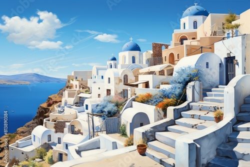 Clipart of idyllic greek island scenery showcasing the iconic blue-domed buildings of santorini